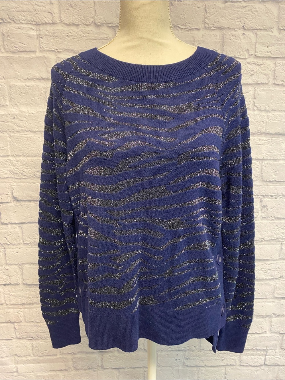 Stella & Dot Navy Metallic Zebra Striped Knit Pullover Size Medium